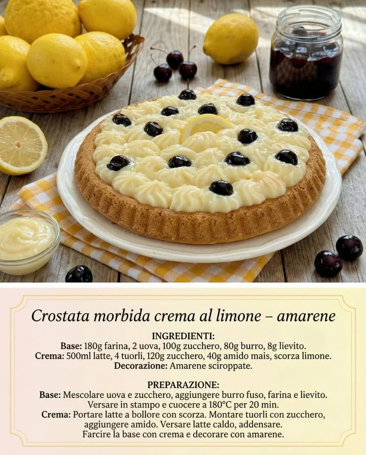 Crostata morbida al limone con crema e amarene decorata