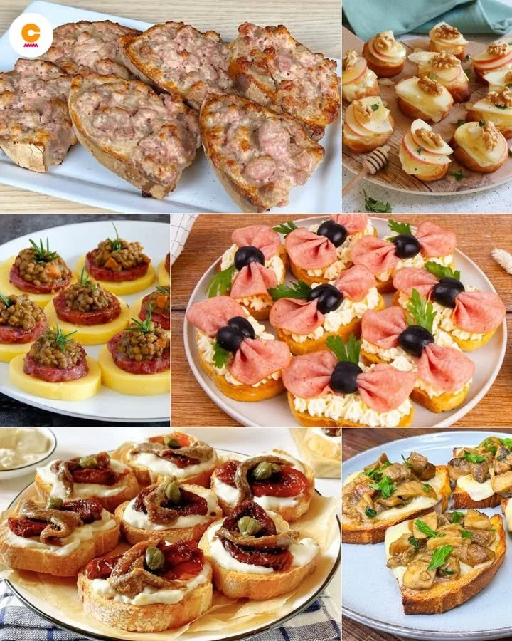 Crostini di Natale colorati e appetitosi serviti su un piatto festivo.