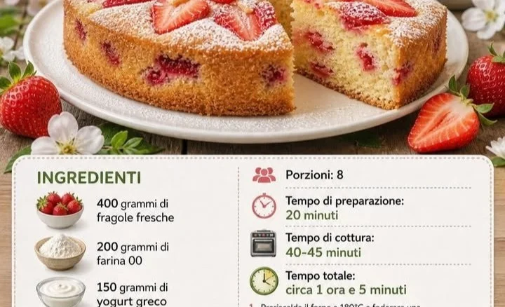 Torta di Fragole e Yogurt decorata con fragole fresche e crema.