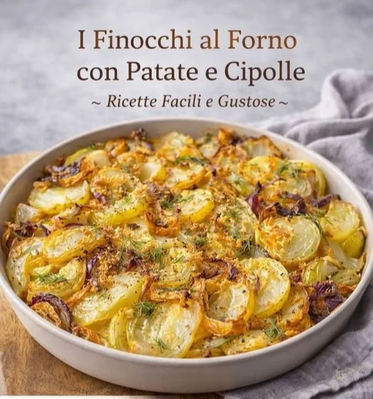 Finocchi al forno con patate e cipolle dorate in una teglia