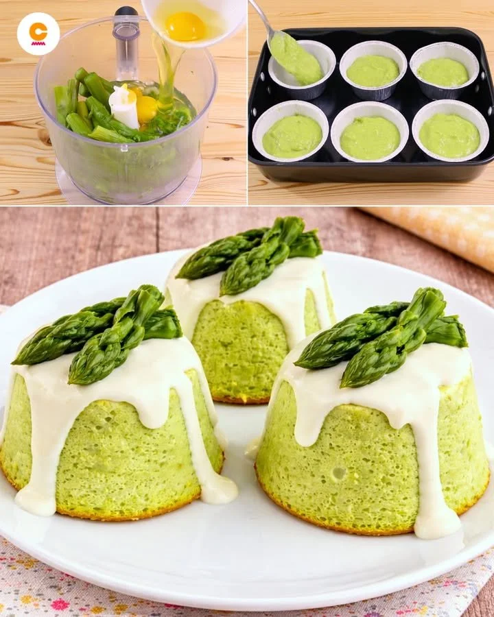 Flan di Asparagi servito su un piatto elegante con decorazioni verdi.