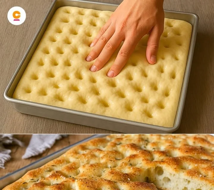 Focaccia soffice appena sfornata con rosmarino e sale grosso.