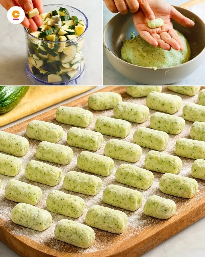 Piatto di gnocchi di zucchine morbidi e leggeri serviti con salsa