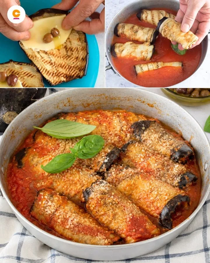 Involtini di Melanzane appena sfornati con ripieno di formaggio e salsa di pomodoro