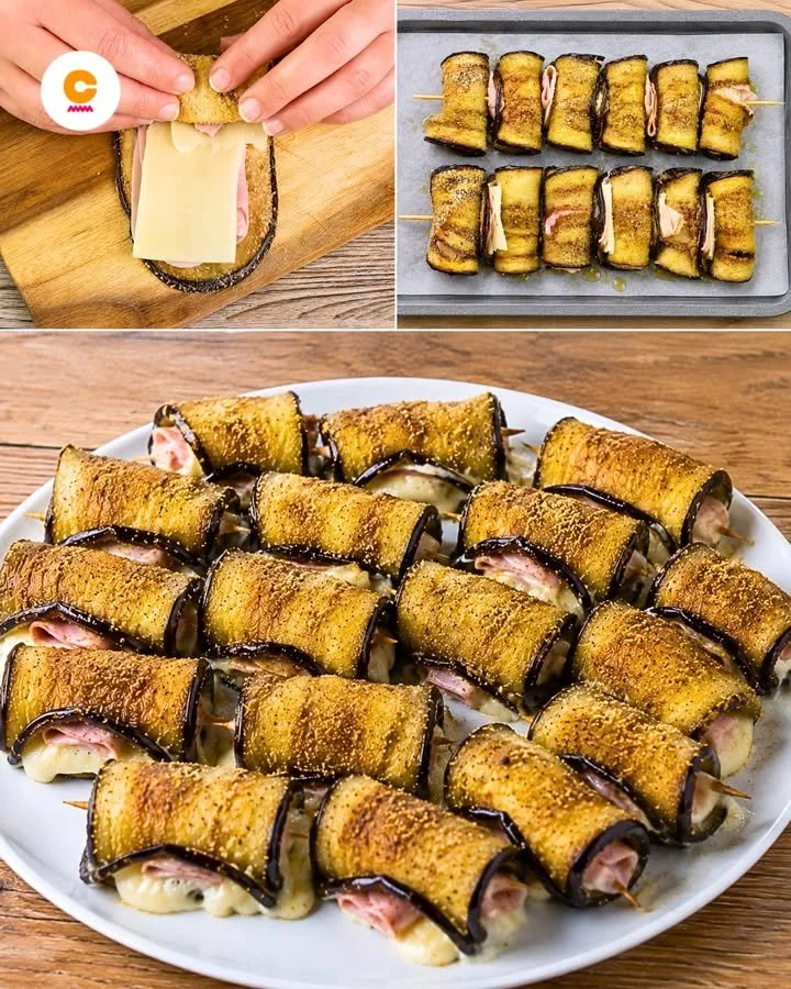 Involtini di Melanzane Gratinati serviti in un piatto rustico.