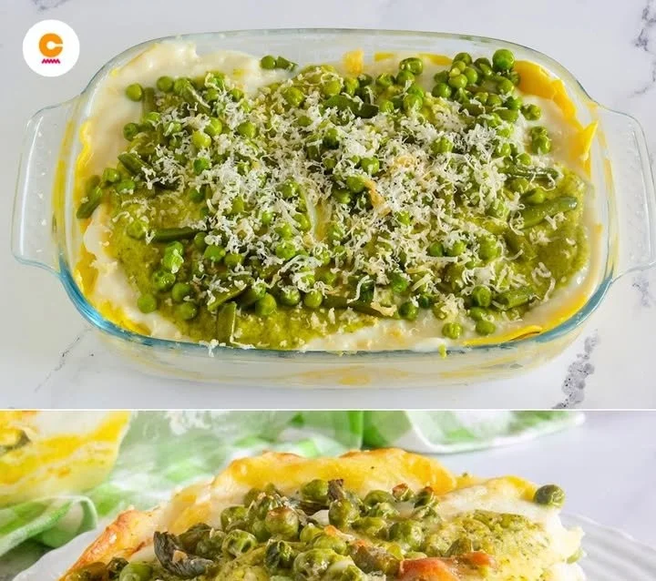 Lasagna Primavera con verdure fresche e formaggio fuso in pirofila