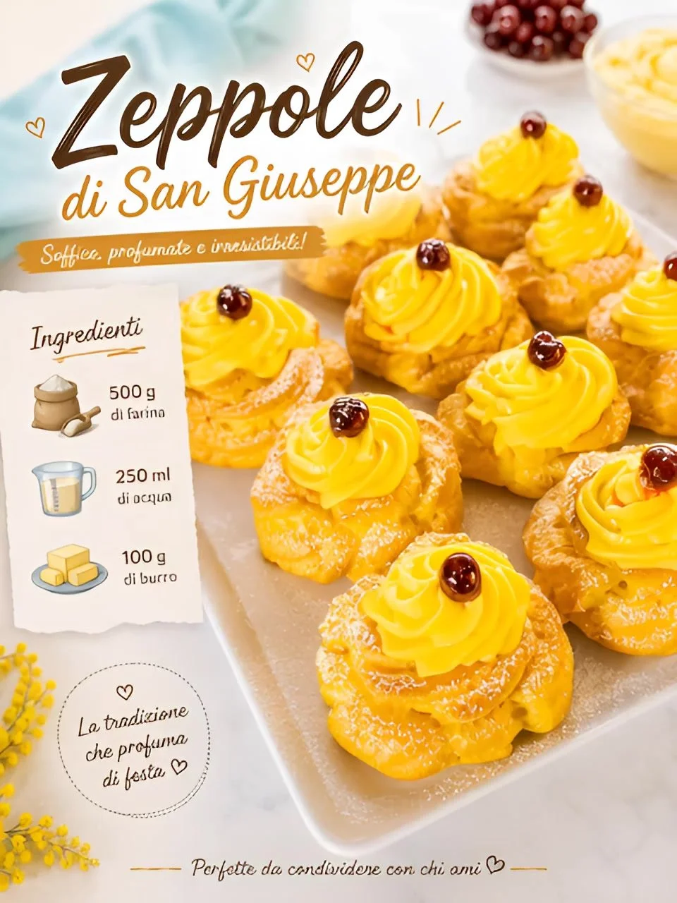 Deliziose zeppole farcite con crema e decorate con zucchero a velo.