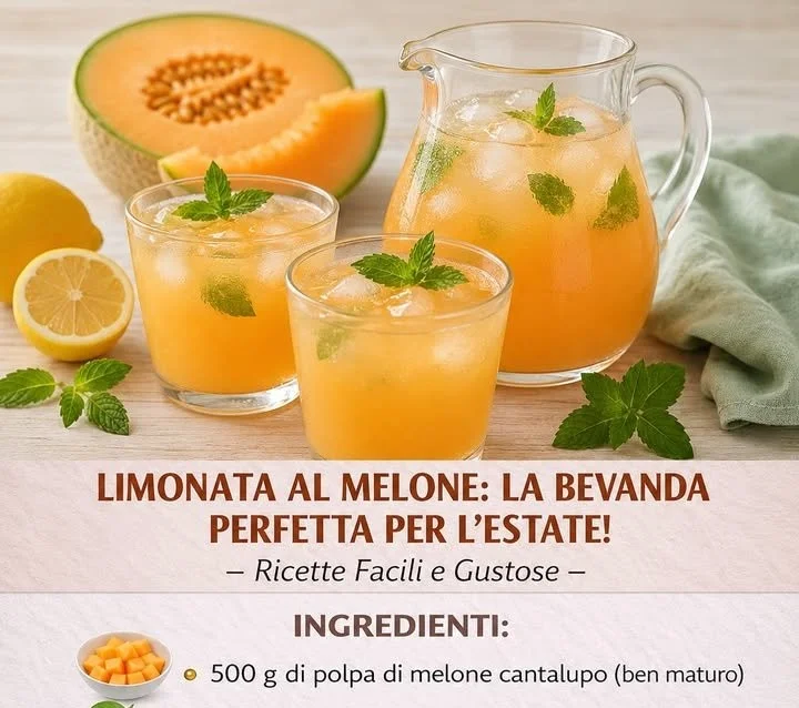 Limonata di Melone Cantalupo servita in un bicchiere con decorazione di melone.