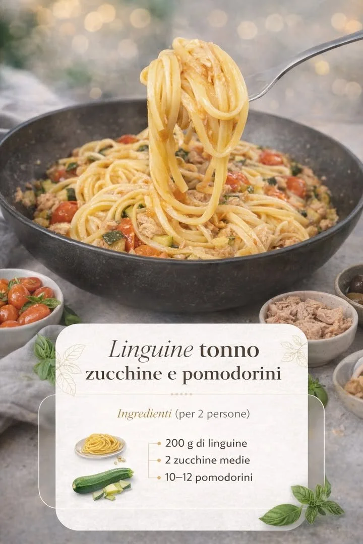 Piatto di Linguine con Tonno, Zucchine e Pomodorini pronto da servire