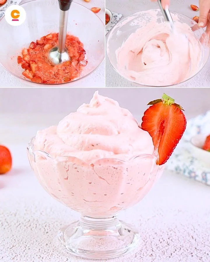 Mousse alle Fragole servita in una coppa con fragole fresche