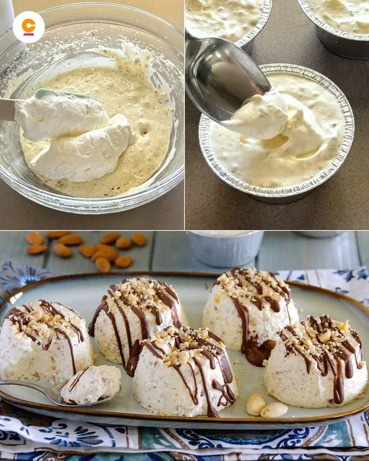 Mousse di Mandorle cremosa e deliziosa servita in una coppa elegante.