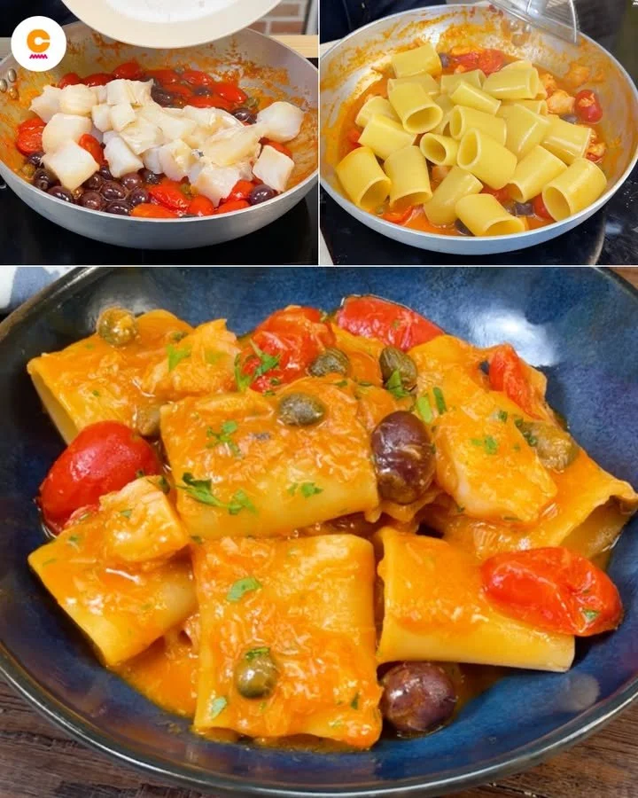 Paccheri al Baccalà con pomodoro e prezzemolo in un piatto elegante