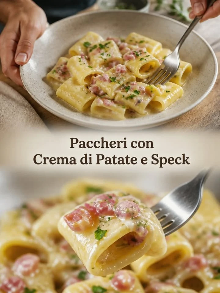 Paccheri con Crema di Patate e Speck serviti con una spolverata di pepe nero.