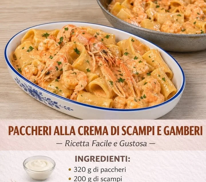 Paccheri cremose con scampi e gamberi, ricetta italiana