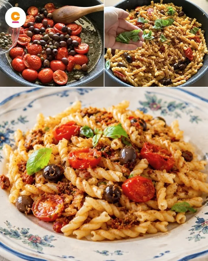 Pasta Fredda alla Siciliana servita con pomodori e basilico fresco