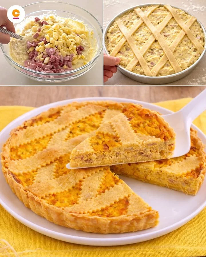 Fetta di Pastiera Salata con ingredienti freschi e decorazioni.