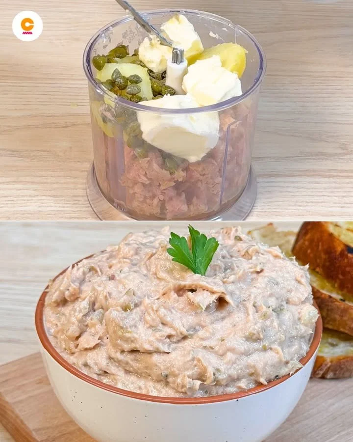 Pâté di Tonno servito su crostini con decorazione di erbe fresche