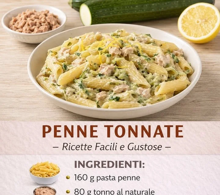Pasta Penne Tonnate Cremose con tonno e salsa cremosa in un piatto
