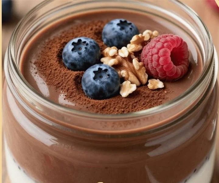 Pudding proteico al cioccolato e avena servito in una ciotola
