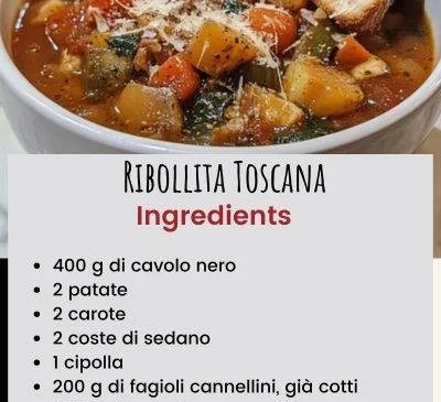 Piatto di Ribollita Toscana, zuppa tradizionale italiana con verdure e pane.