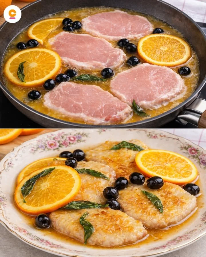 Piatto di scaloppine all'arancia con salsa cremosa e aromatica