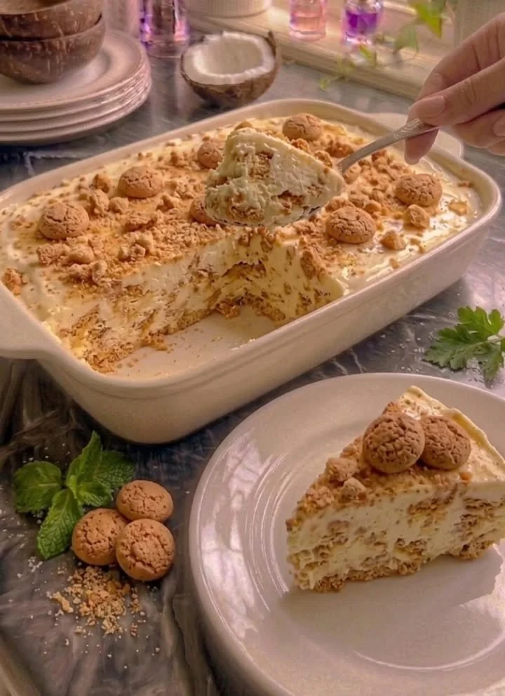 Semifreddo agli amaretti decorato con biscotti e cioccolato