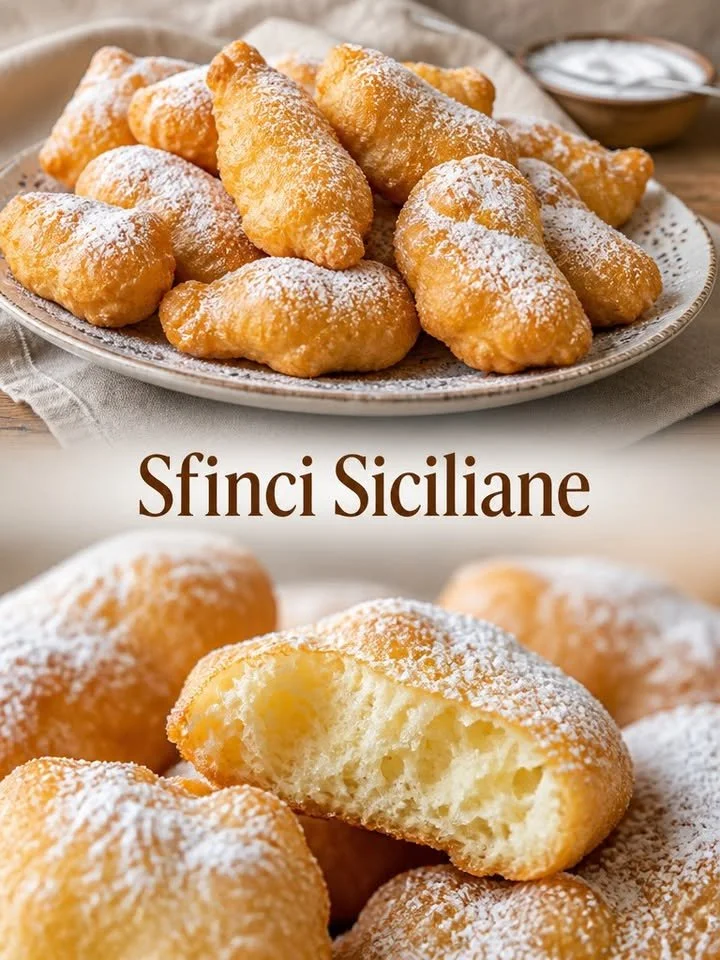 Sfinci Siciliane, dolci tradizionali siciliani fritti e spolverati di zucchero a velo.