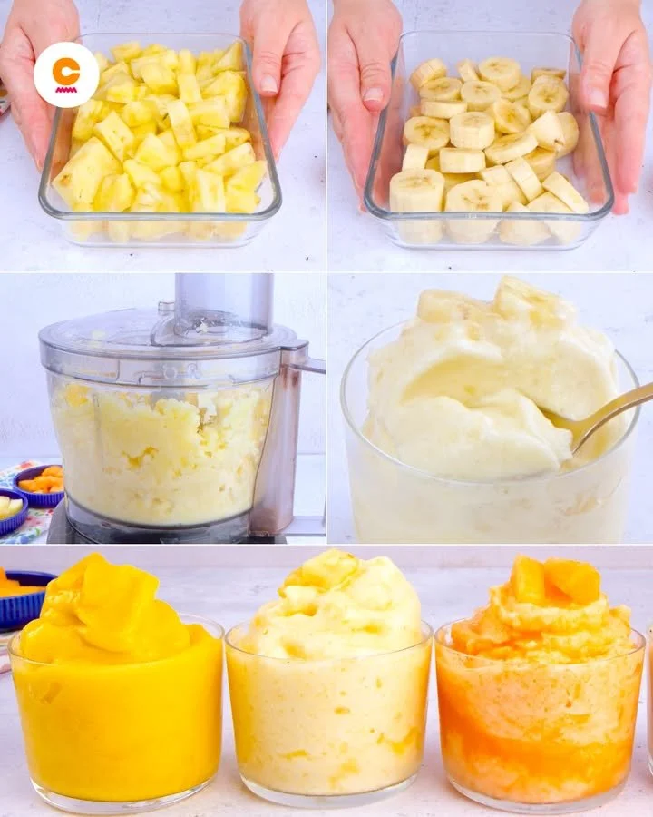 Sorbetti cremosi senza zuccheri aggiunti in coppe di frutta fresca