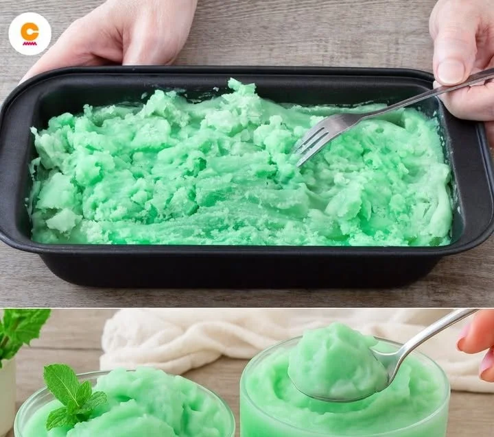 Sorbetto alla Menta servito in una ciotola decorata con foglie di menta fresca.
