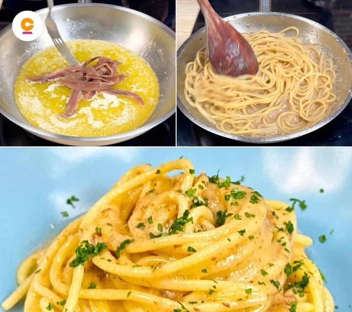 Piatto di Spaghetti Burro e Alici servito su un tavolo con decorazioni italiane