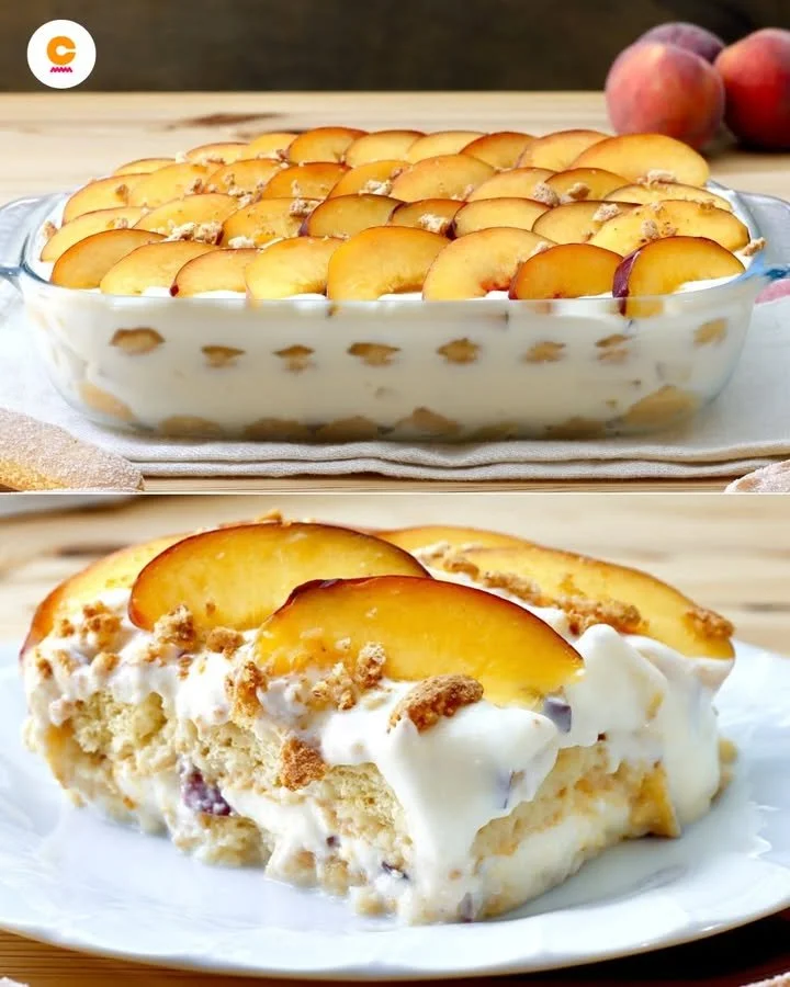 Tiramisu alla Pesca, un dolce dessert italiano con pesche e strati di mascarpone