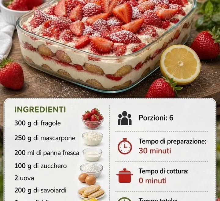 Fette di Tiramisù alle Fragole con crema e decorazioni fresche.