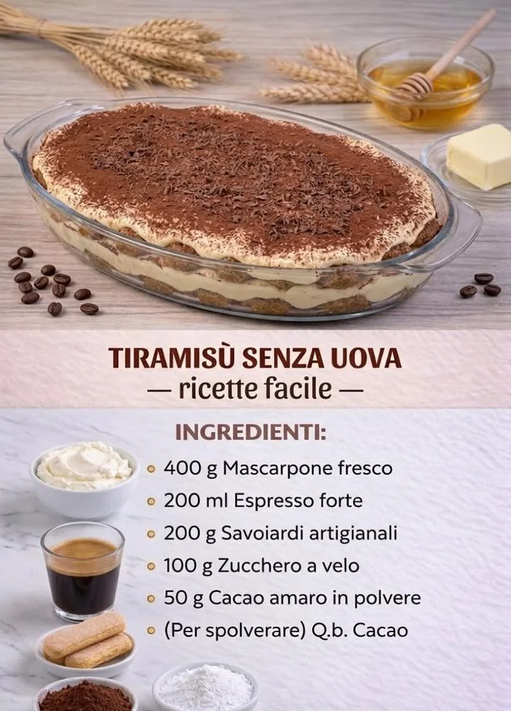 Tiramisù senza uova, un dolce italiano cremoso e senza ingredienti crudi.