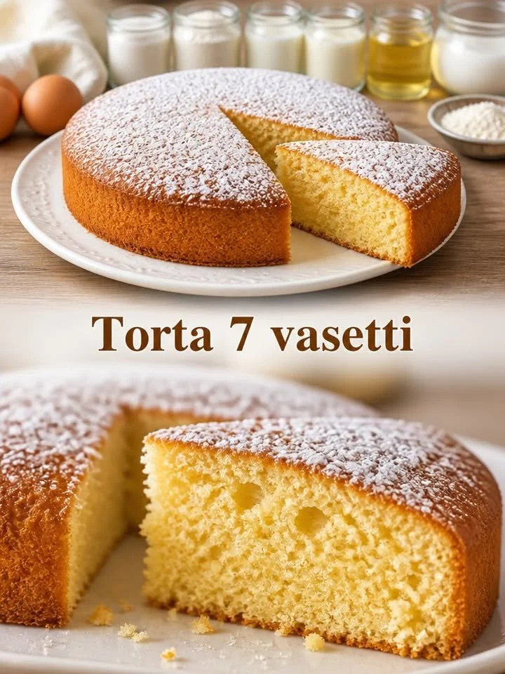 Fetta di torta 7 vasetti servita su un piatto, decorata con zucchero a velo.