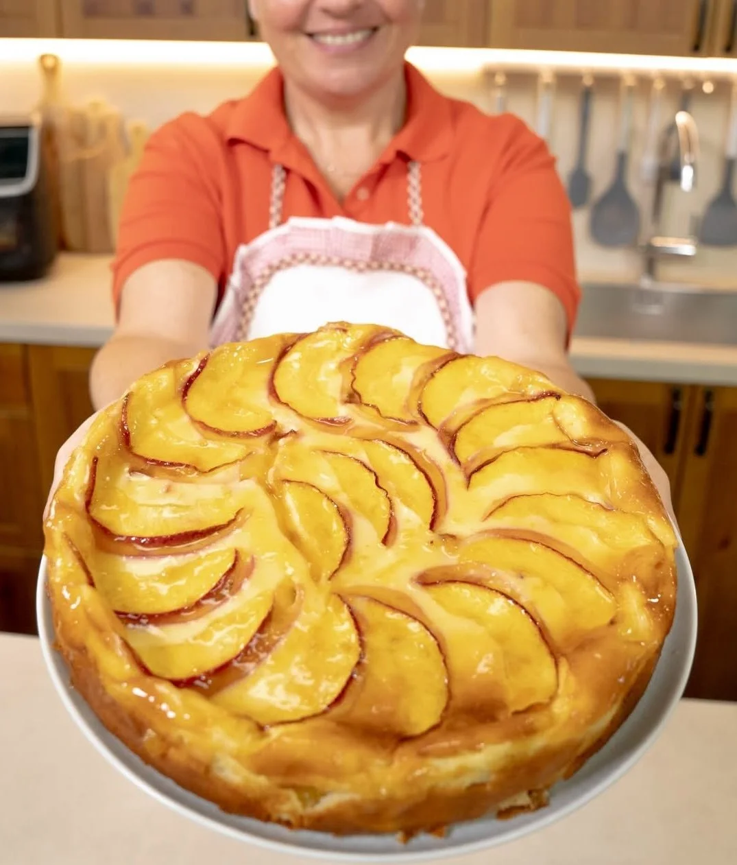 Torta cremosa yogurt e pesche su un piatto decorativo