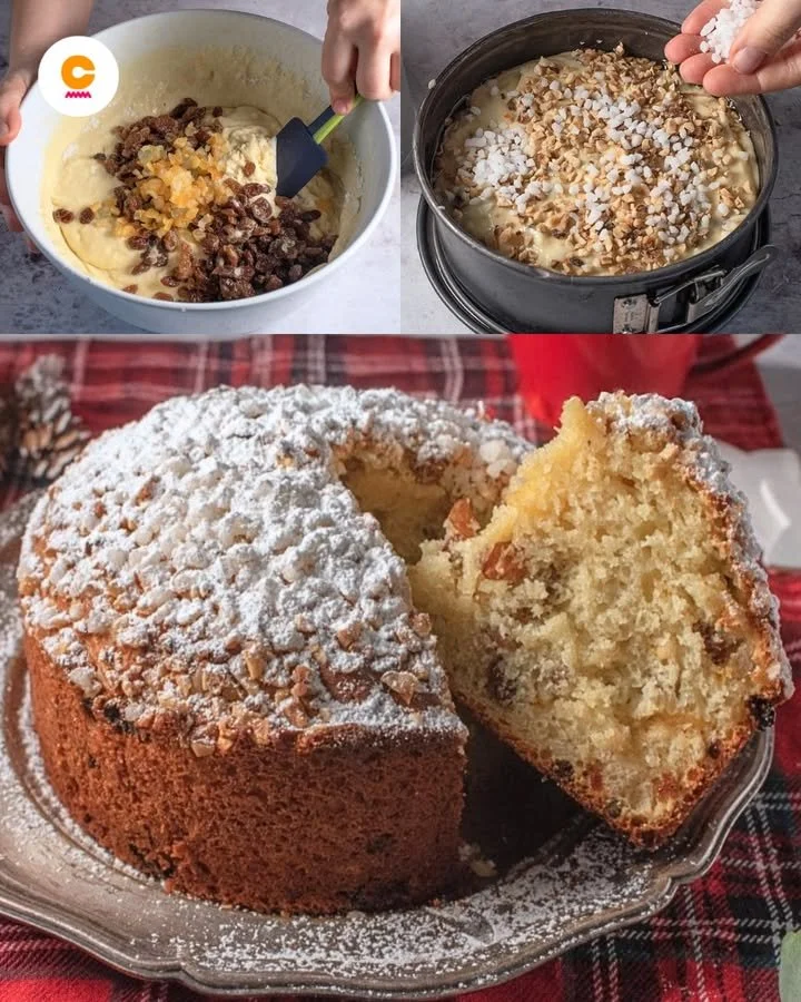 Una deliziosa torta di panettone decorata con frutta e zucchero a velo