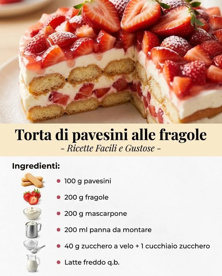 Torta di pavesini e fragole pronta da servire, dolce fresco e invitante