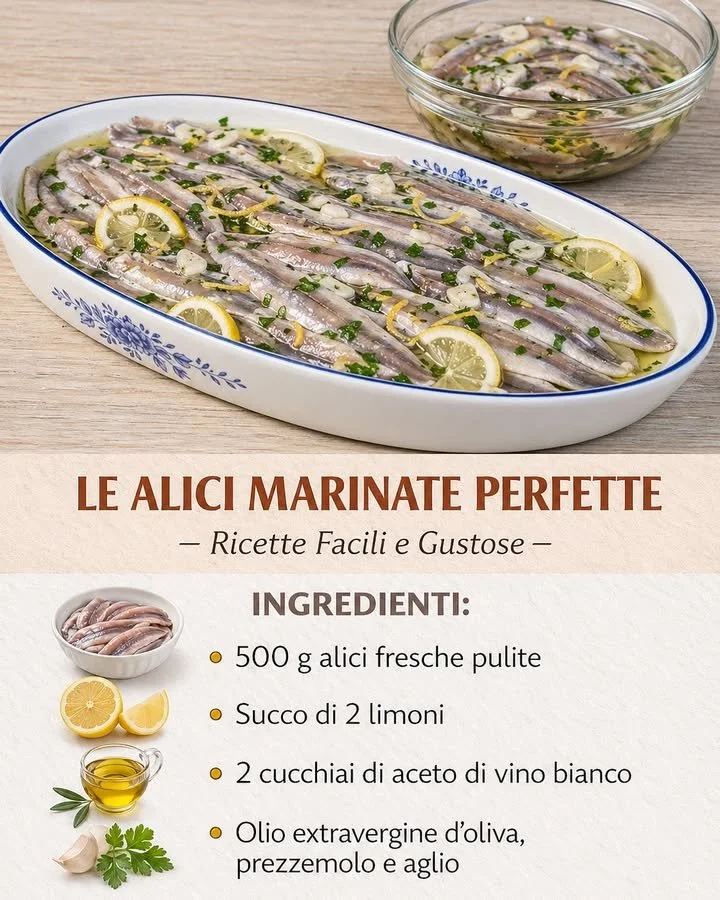Alici marinate servite come antipasto su un piatto elegante.