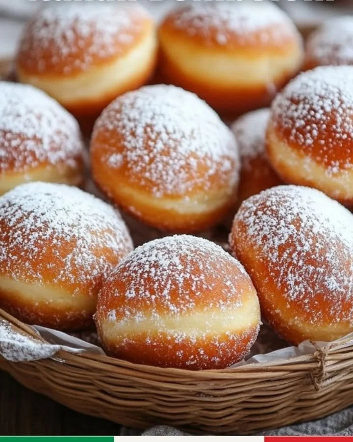 Bomboloni Italiani ripieni di crema e marmellata, dolci tradizionali italiani.