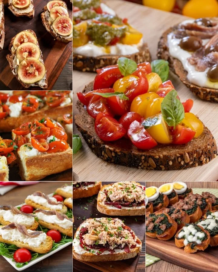 Deliziose bruschette e crostini preparati con ingredienti freschi