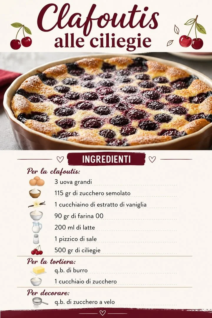 Clafoutis alle ciliegie, dolce francese con ciliegie fresche