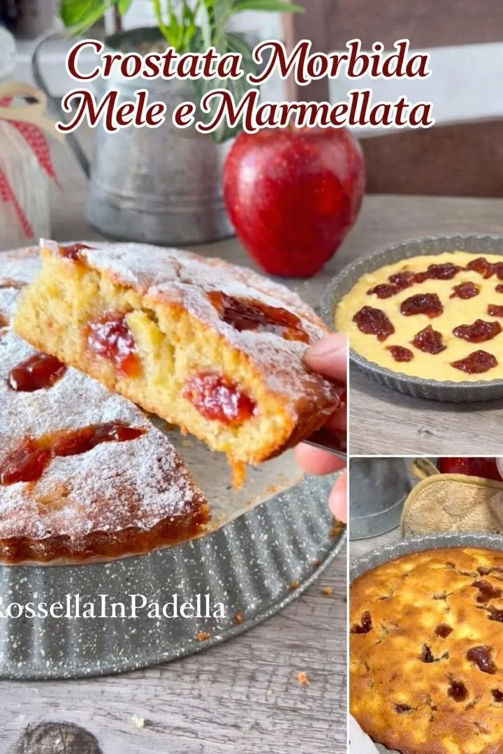 Crostata morbida con mele e marmellata su piatto decorativo