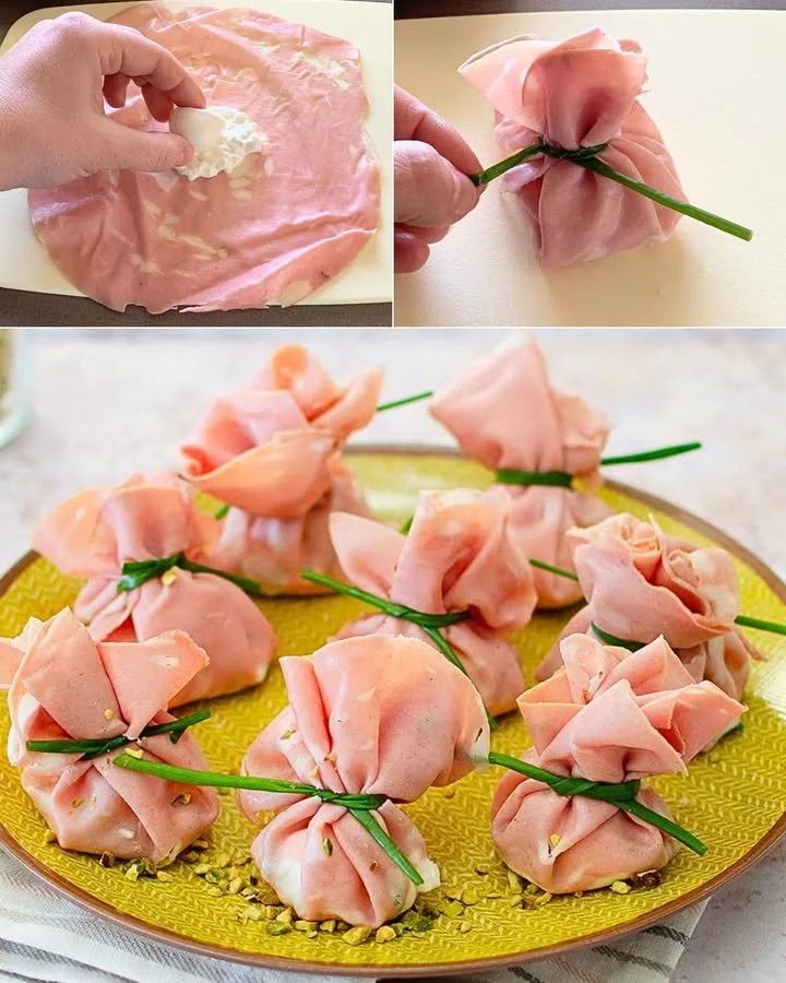 Fagottini di mortadella con ricotta e pistacchio presentati in un piatto