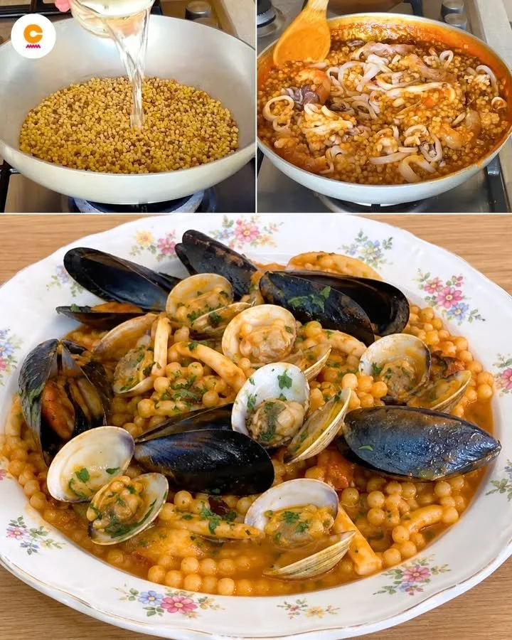 Piatto di fregula sarda con frutti di mare, una specialità sarda