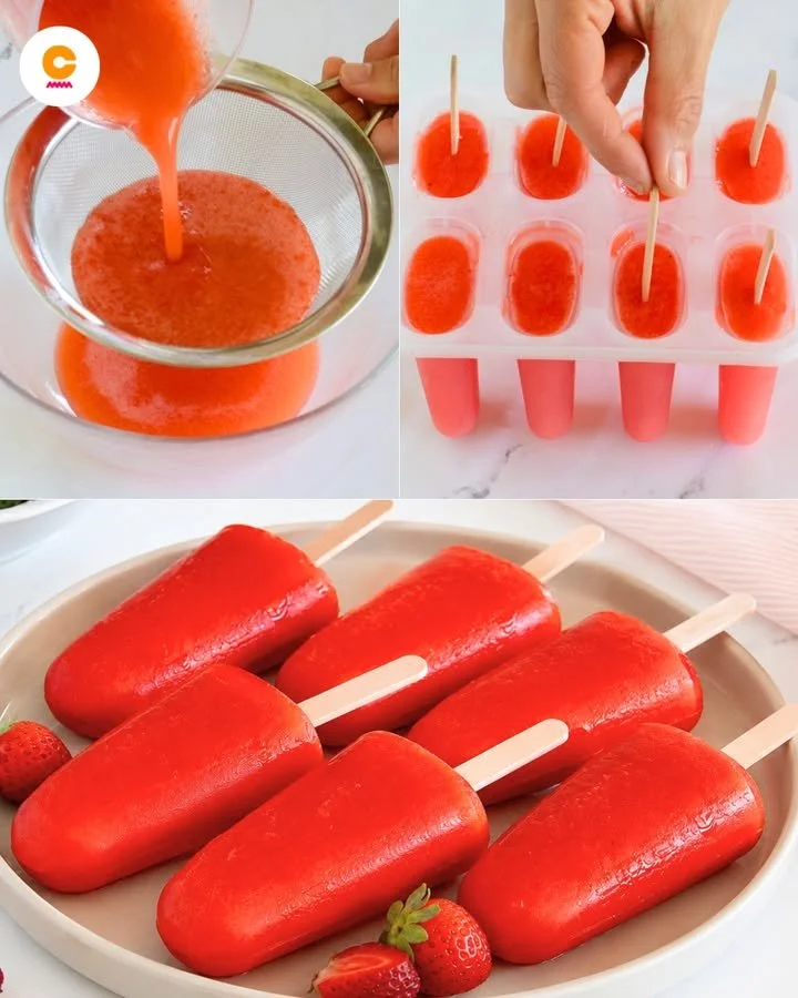 Deliziosi ghiaccioli alla fragola fatti in casa, freschi e colorati.