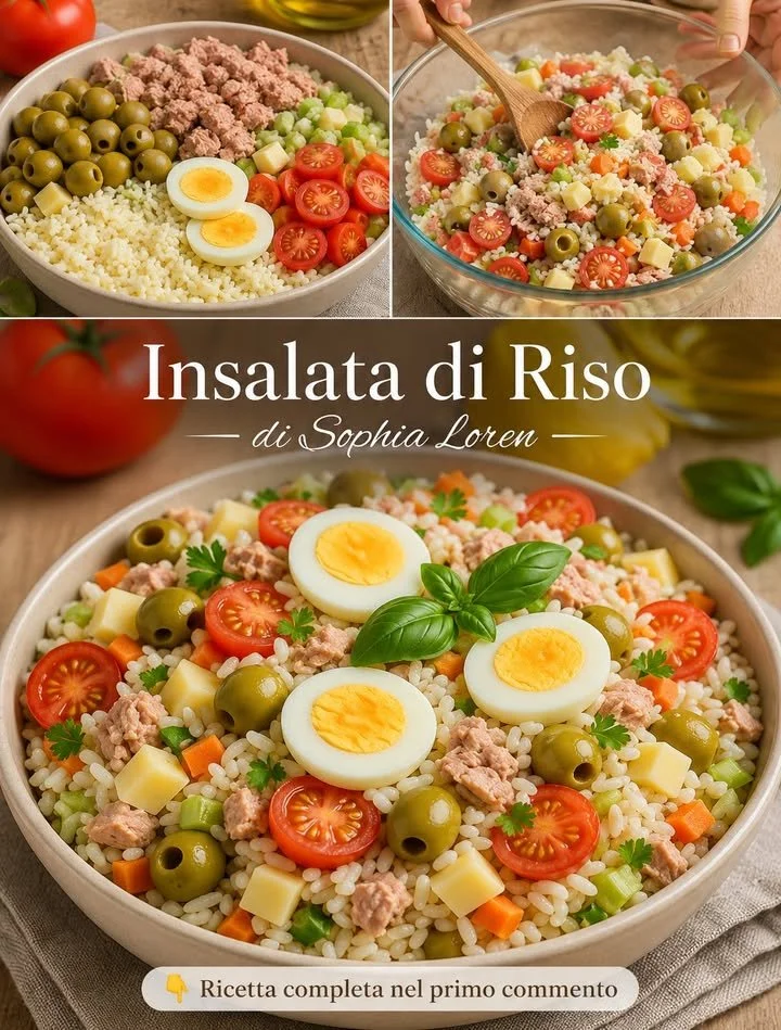 Insalata di riso fresca ispirata a Sophia Loren, ricca di ingredienti colorati.