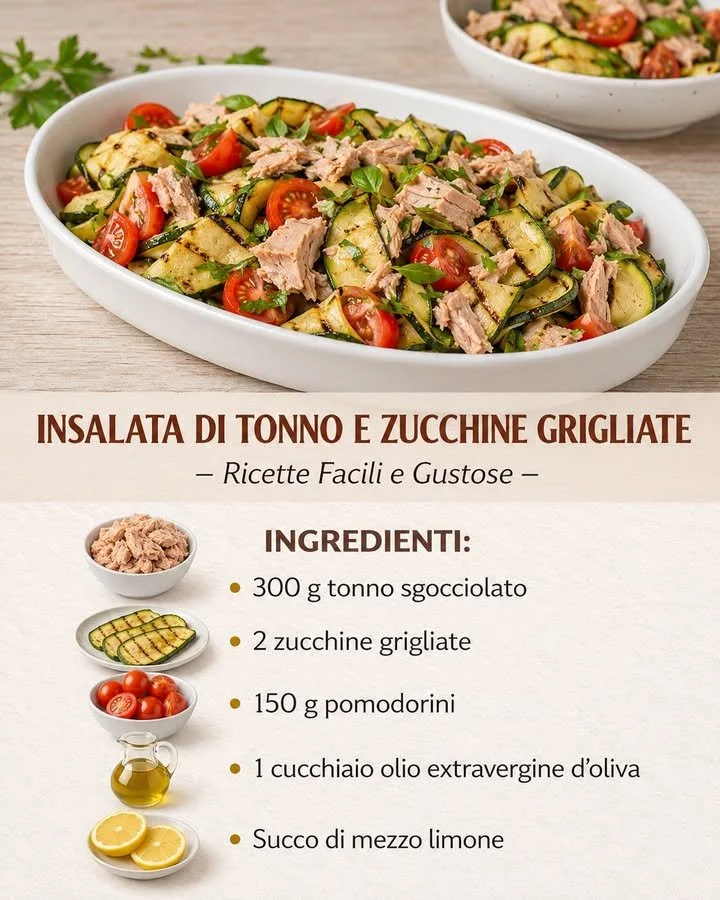 Insalata di tonno e zucchine grigliate servita in un piatto elegante