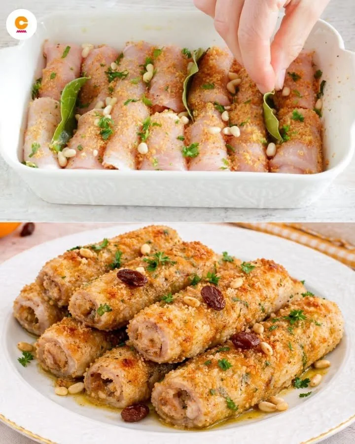 Involtini di carne di maiale pronti per essere serviti in un delizioso piatto.