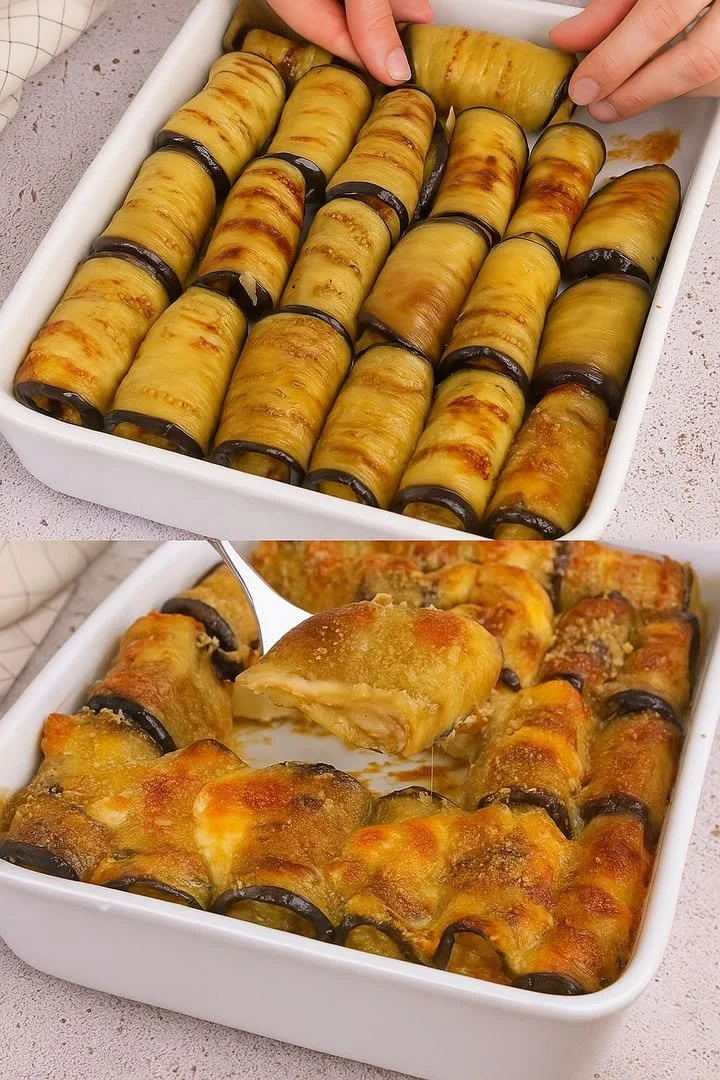 Involtini di melanzane al forno su un piatto decorativo