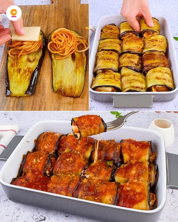 Involtini di melanzane filanti serviti su un piatto